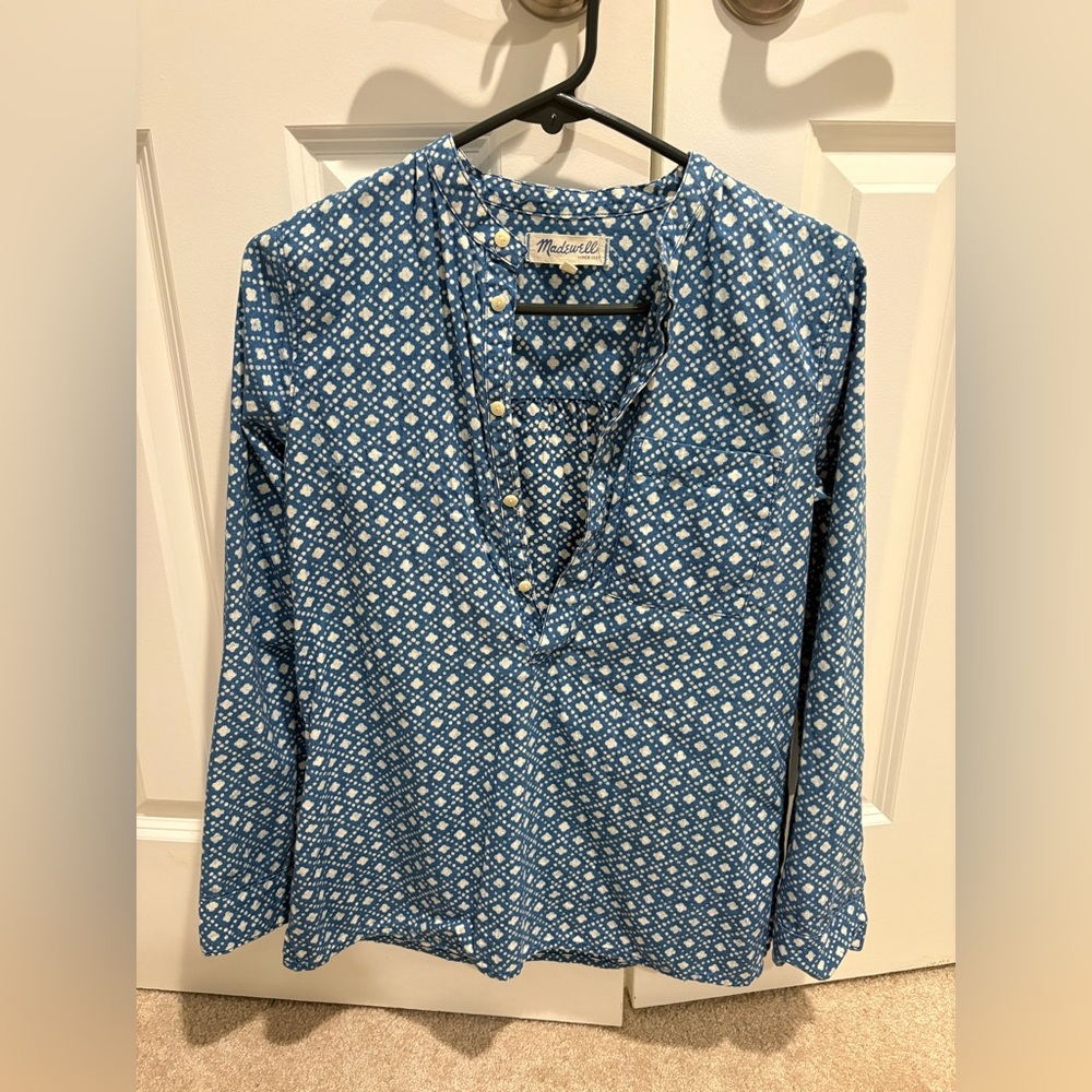 Printed Madewell Button Up Shirt Denim and White Diamond Pattern Size Small - Picture 2 of 5